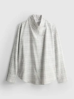 Baumwoll-Bluse mit hohem Kragen und Karomuster