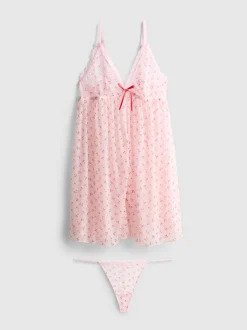Bedrucktes Babydoll-Unterwäscheset aus Netzstoff