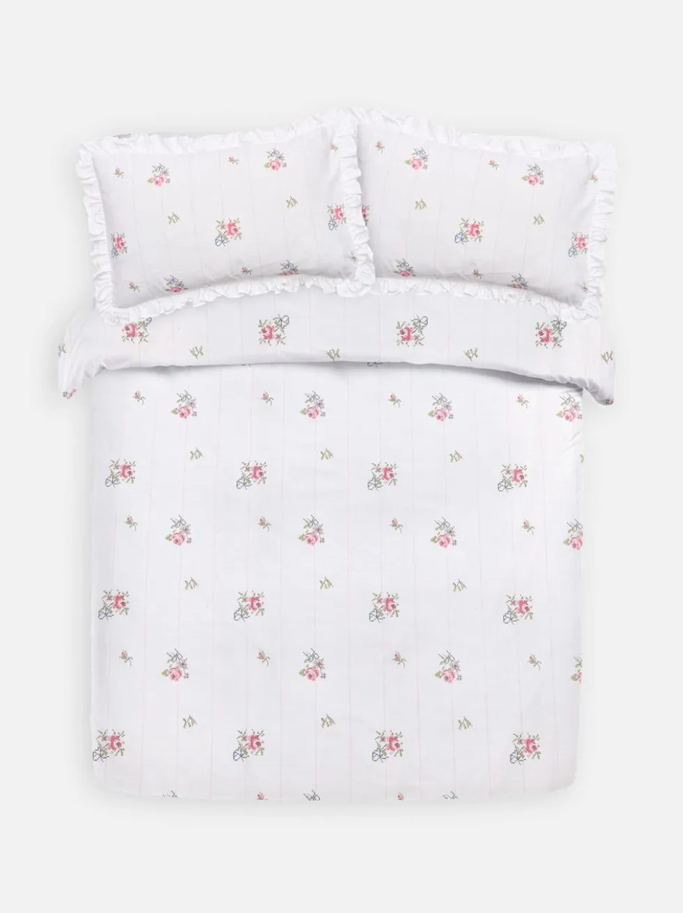 Bettwäsche mit Kreuzstich-Blumenmuster, Super-Kingsize