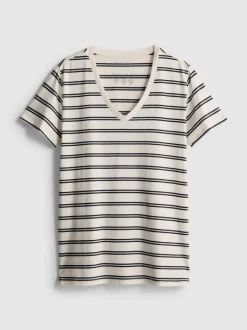 Gestreiftes Baumwoll-T-Shirt mit V-Ausschnitt