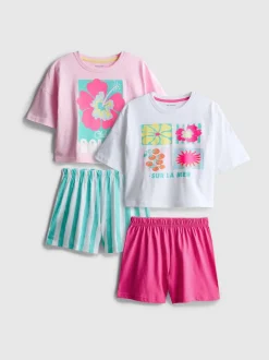 7–15 Jahre | Kurze Schlafanzüge aus reiner Baumwolle mit Hibiskusblüten-Muster, 2er-Pack