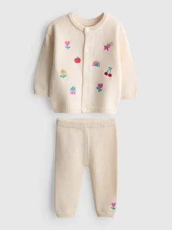 0–18 Monate | Cardigan mit Stickerei und Leggings aus reiner Baumwolle für Neugeborene