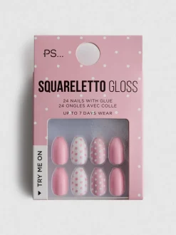 PS... Glänzende Squareletto-Kunstnägel mit Pünktchenmuster