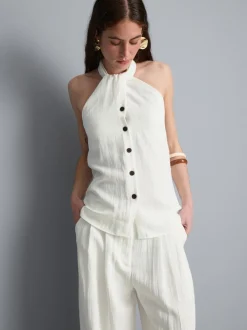 Strukturiertes Neckholder-Top mit Knopfleiste