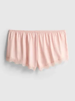 „The Edit“ Satin-Schlafshorts mit Spitzenbesatz